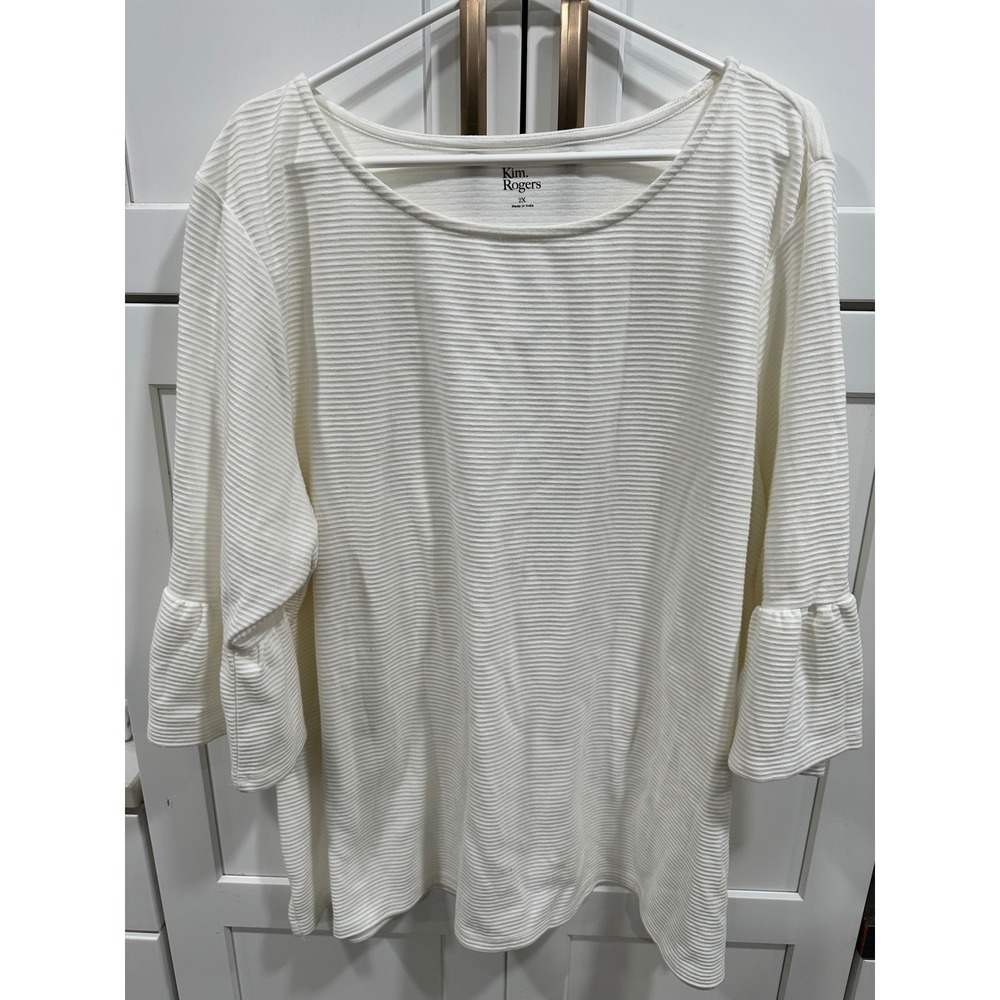 Kim Rogers 2X Cream Ribbed Knit Bell Sleeve Top Blouse Womens Plus Size